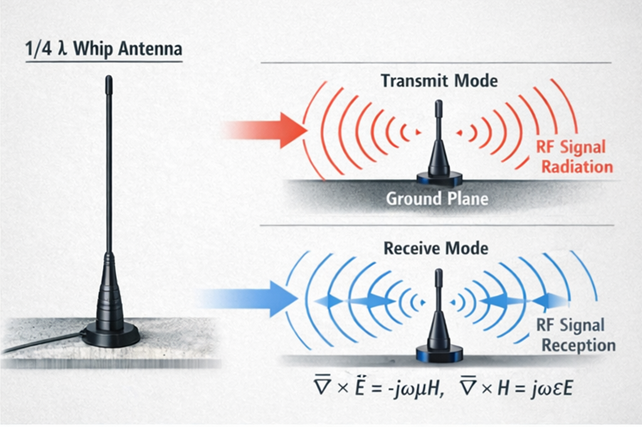 Quarter-wave whip antenna diagram: transmit/receive and ground plane Diagram of a quarter-wave whip antenna showing transmit and receive modes and the ground plane
