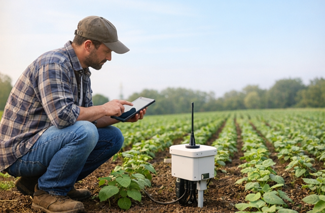 IoT field sensor with a whip antenna Farmer using a tablet next to an IoT field sensor with a whip antenna