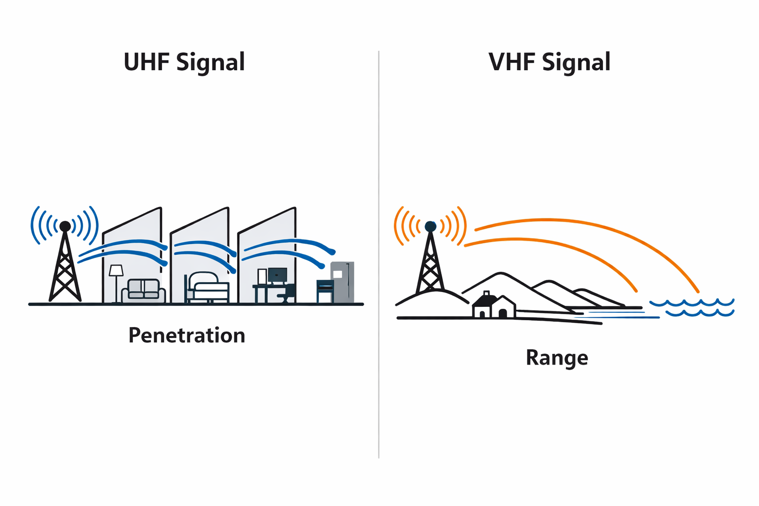 Side-by-side comparison of UHF vs VHF signal propagation: UHF penetrating multiple indoor walls while VHF travels longer distance across open fields and water.” Side-by-side comparison of UHF vs VHF signal propagation: UHF penetrating multiple indoor walls while VHF travels longer distance across open fields and water.”